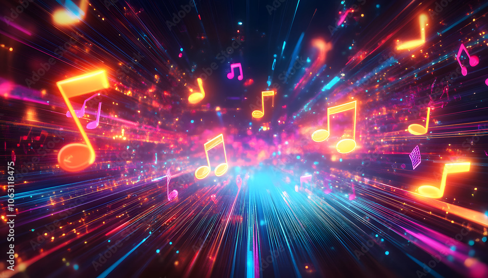 Wall mural abstract digital music background with glowing neon musical notes and light trails.