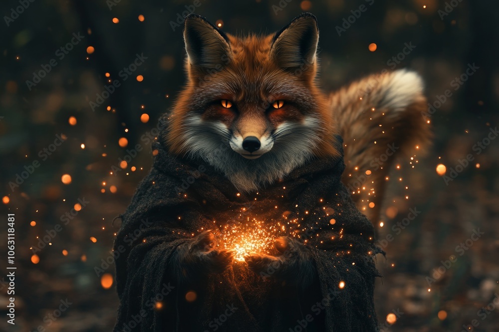 Poster a mystical fox, shrouded in a cloak, holds a glowing orb while its amber eyes peer through the fores