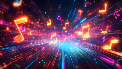Abstract digital music background with glowing neon musical notes and light trails.