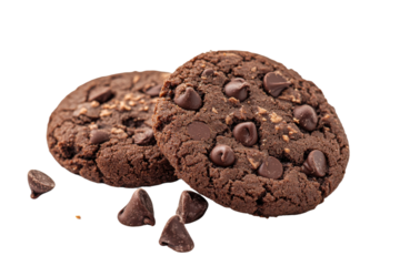 Delicious chocolate chip cookies with chocolate pieces, isolated on transparent background