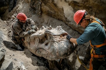 Two paleontologists carefully excavate a massive dinosaur skull fossil, meticulously removing the surrounding earth to reveal and preserve the ancient find.