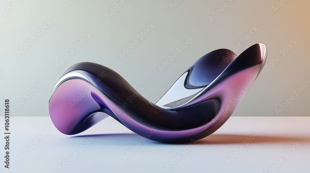Poster a smooth, abstract sculpture with flowing curves and a gradient of purple and silver tones, creating