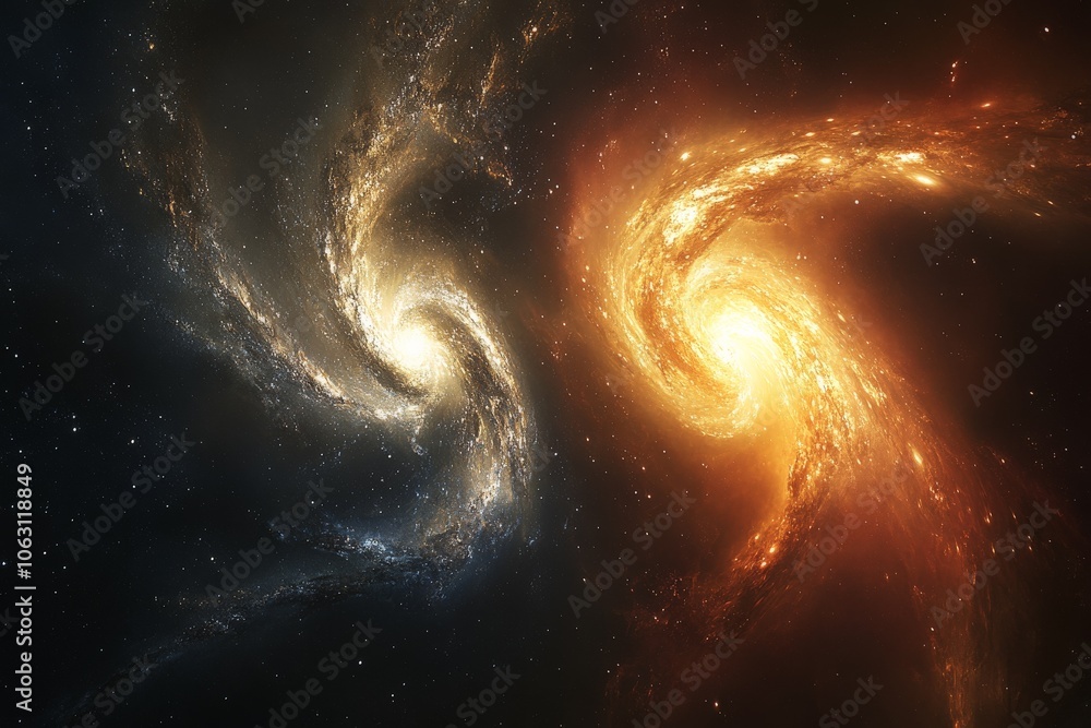 Fototapete a breathtaking depiction of two cosmic spirals intertwining in space, highlighting the contrast betw
