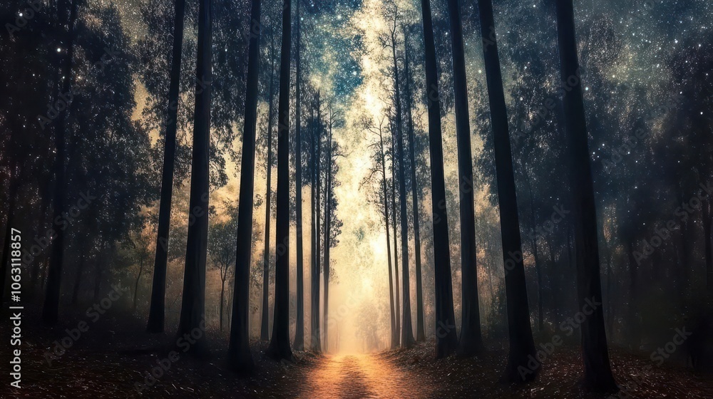 Poster a serene, mystical forest scene with tall trees and soft, glowing light filtering through the foliag