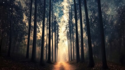 Obraz premium A serene, mystical forest scene with tall trees and soft, glowing light filtering through the foliage, creating an enchanting atmosphere.