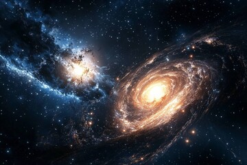 Obraz premium A magnificent depiction of a galactic collision, revealing the beauty and chaos of galaxies merging in the vast cosmos with brilliant colors and swirling formations.