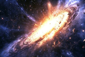Obraz premium An intricate portrayal of an exploding galaxy, emphasizing dynamic cosmic phenomena, showcasing swirling patterns and bright stellar explosions in space.