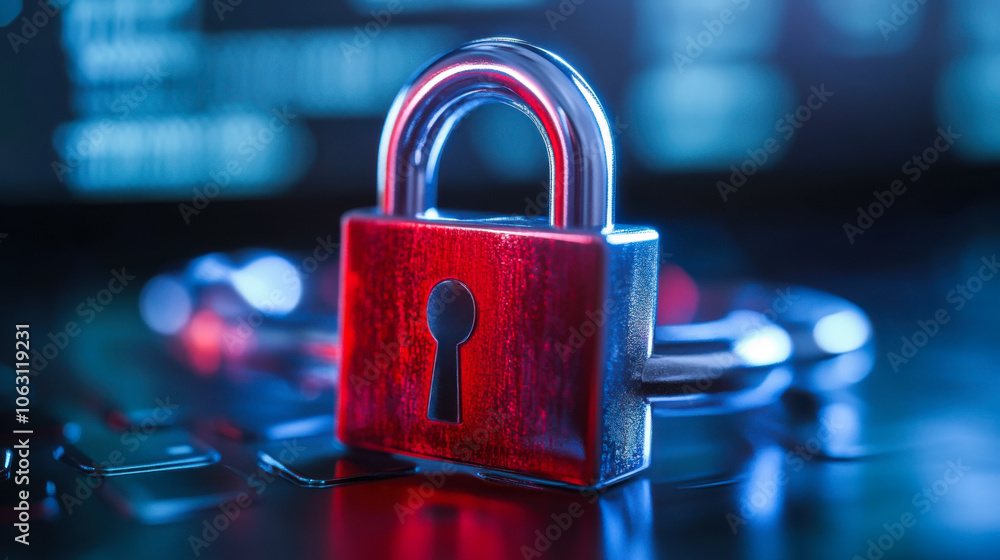 Poster a digital padlock sits prominently on a keyboard, symbolizing cybersecurity and data protection in a