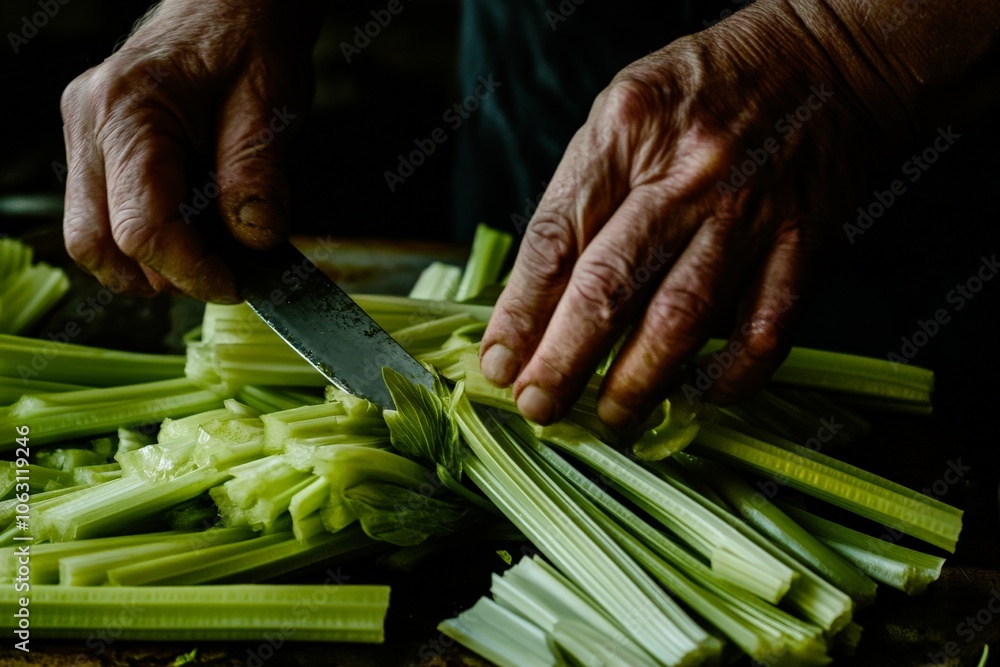Poster focused hands expertly slice fresh celery stalks with a sharp knife on a dark wooden board, highligh