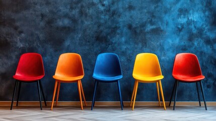 A row of brightly colored chairs stands against a textured blue wall, offering a modern and stylish touch to the space.