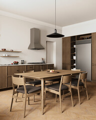 A modern minimalist kitchen design featuring a beautiful wooden dining set for meals and gatherings