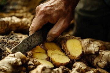 Hands skillfully slice through a fresh ginger root using a sharp knife, showcasing the rustic and earthy textures of the ginger against a natural backdrop.