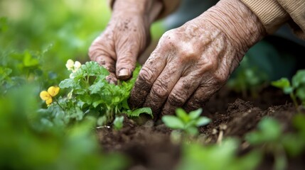 Close-up of an older person's hands gardening, their fingers
