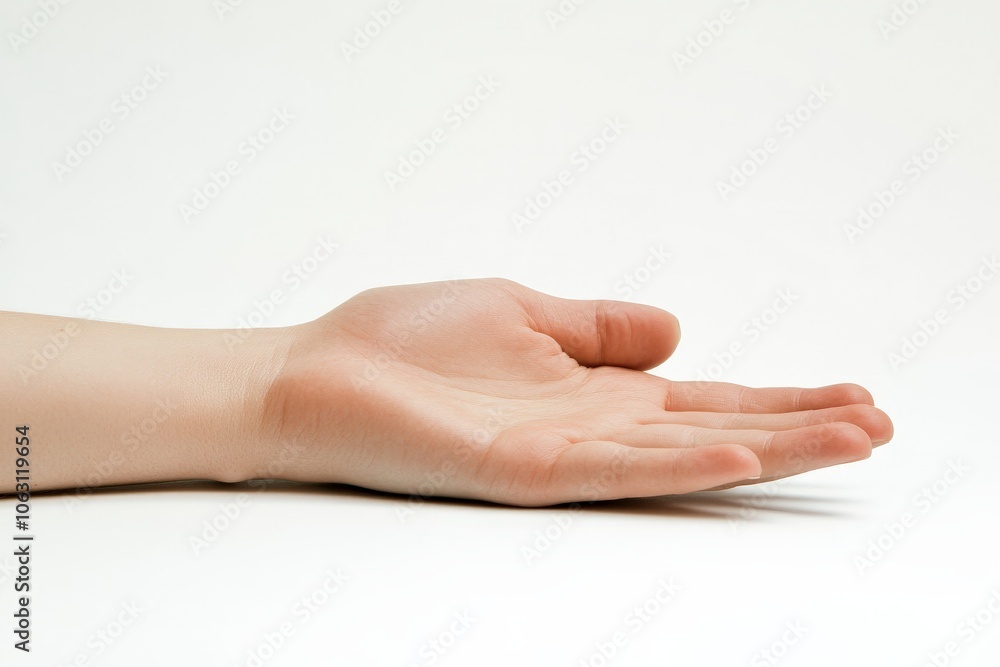 Poster a serene image of an outstretched hand placed on a blank background, illuminated by soft lighting, s