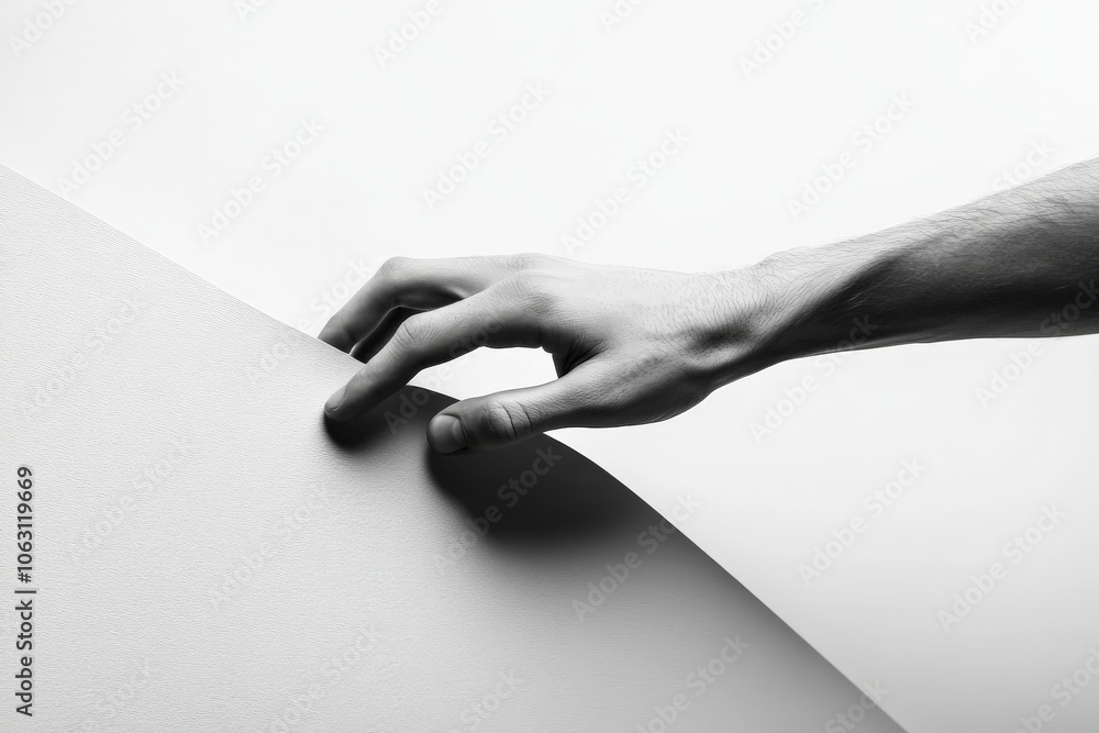 Poster a black and white image of a hand softly grasping the corner of a smooth, plain white surface, sugge