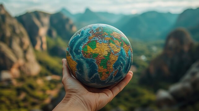 Holding a globe in hand against breathtaking mountainous landscape at sunset, symbolizing global unity and environmental awareness