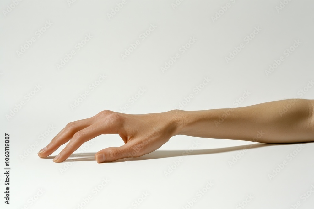Poster An artistic capture of an elegant hand poised in a reaching gesture against a minimalist white background, highlighting the slender fingers and smooth skin texture.