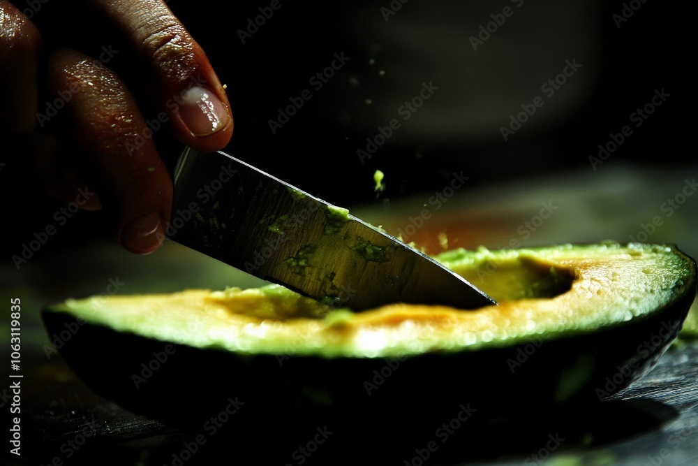 Poster a close-up showcasing the detailed process of slicing an avocado with a knife. the image emphasizes 