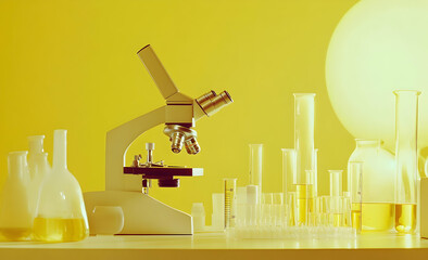 A laboratory scene featuring a microscope and various glassware against a vibrant yellow background. AI Image