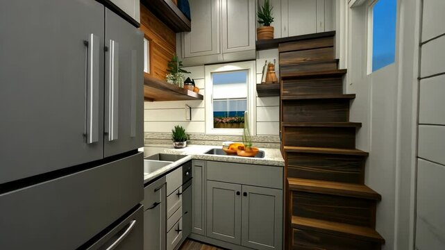 A small kitchen in a tiny home features a stainless steel sink, gray cabinets, and a wooden staircase