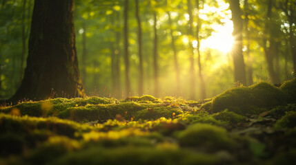 Sunlight filters through trees, illuminating lush green moss on the forest floor during a serene morning