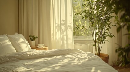 A serene bedroom bathed in soft morning light with plants and cozy linens inviting relaxation and tranquility