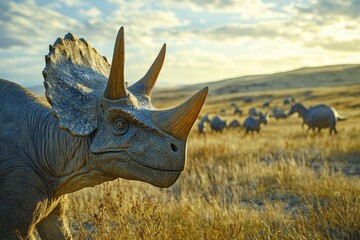 Fototapeta premium A majestic triceratops roams a sunlit grassy field, symbolizing nature's ancient beauty and the timeless grandeur of prehistoric creatures.