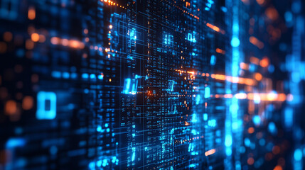 background with lots spots, Exclamation mark icon with glowing binary code on blue background