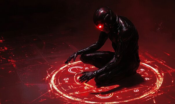 Black figure with red eyes on a red floor.