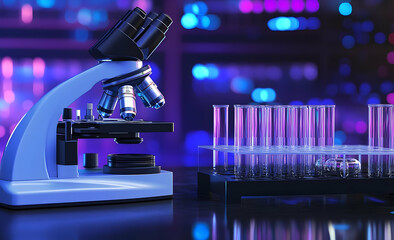 A laboratory scene featuring a microscope and test tubes, symbolizing scientific research. AI Image