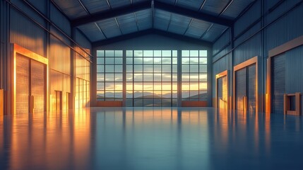 Sunlit Empty Warehouse with Mountains	