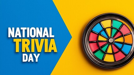 A colorful trivia wheel sits on a yellow surface with the words "National Trivia Day" on a blue background.
