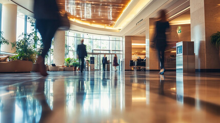 Soft focus busy modern hotel lobby motion blur people shiny floor elegant luxury beautiful lighting fixtures expensive furniture stylish fancy fashionable trendy with copy space