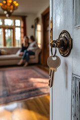 A key is hanging from a door handle