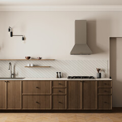 Discover a modern kitchen with wooden cabinets, elegant lighting and functional design elements