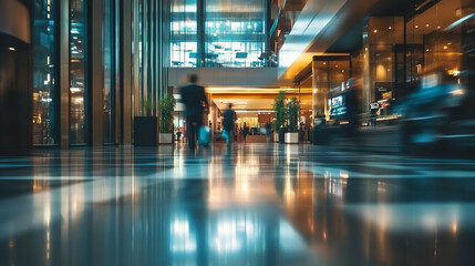 Soft focus busy modern hotel lobby motion blur people shiny floor elegant luxury beautiful lighting fixtures expensive furniture stylish fancy fashionable trendy with copy space