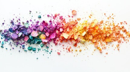 Naklejka premium Assortment of colorful Holi powder spread across white, creating a dynamic and festive design