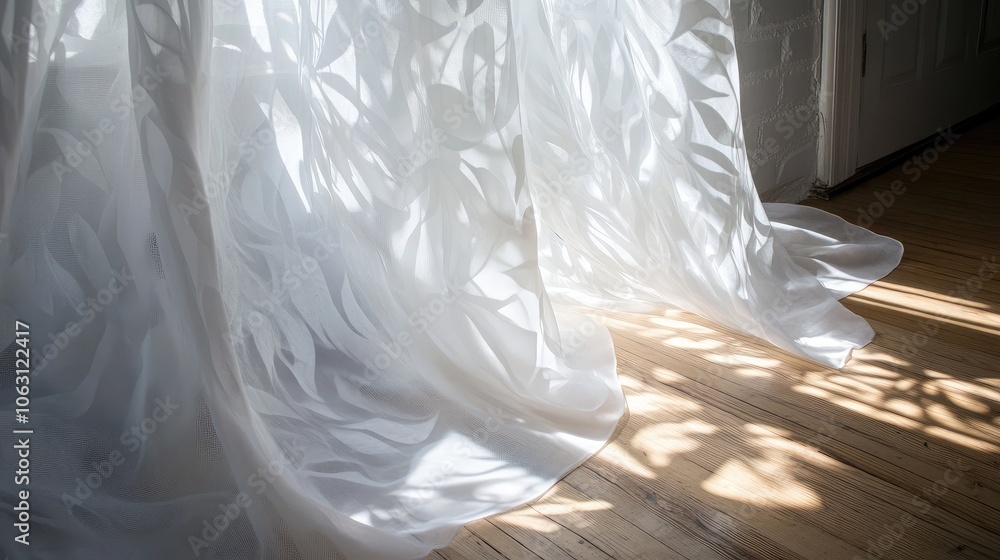 Poster sunlight through sheer curtain with leaf pattern