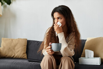 A young woman with long hair holds a mug, looking pensive while feeling under the weather.