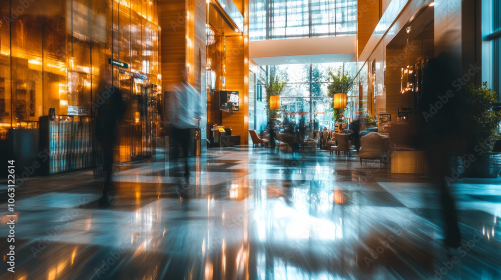 Wall mural soft focus busy modern hotel lobby motion blur people shiny floor elegant luxury beautiful lighting 