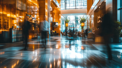 Soft focus busy modern hotel lobby motion blur people shiny floor elegant luxury beautiful lighting fixtures expensive furniture stylish fancy fashionable trendy with copy space