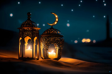 Two ornate lanterns glowing in a serene, starry desert night. AI Image