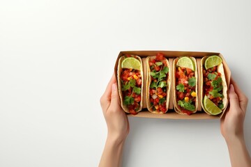 Visualization of hands holding a paper tray of tacos topped with fresh salsa, cilantro, and lime wedges, Tacos in paper tray, Bright and fresh