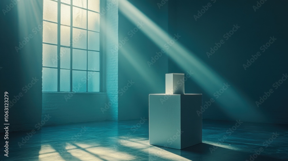 Poster a beam of light illuminating a minimalist display in an empty room with large windows during the lat