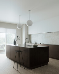 This modern minimalist kitchen features a beautifully elegant design with abundant natural light