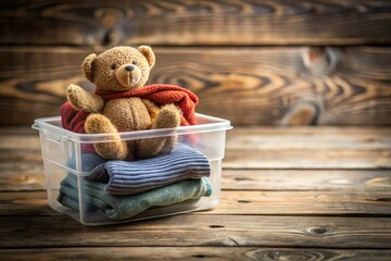 Place items in this plastic box with a bear on a wooden table for reuse. Thank you for your generosity!