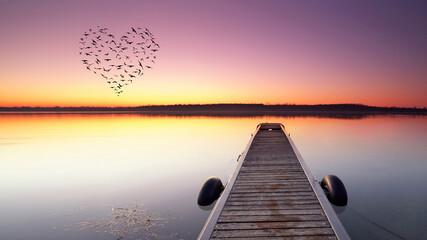 heart shaped flying birds over wooden boardwalk in amazing sunrise light © Jenny Sturm