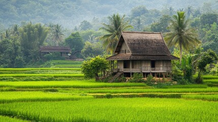 Obraz premium Tranquil Rural Scene with Green Rice Fields and House