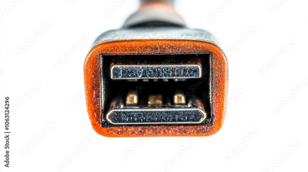 Poster close-up usb plug, isolated on white background with sharp focus on connector