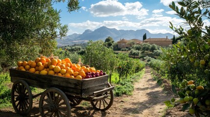 Rustic wooden carts laden with oranges, olives, and pomegranates
